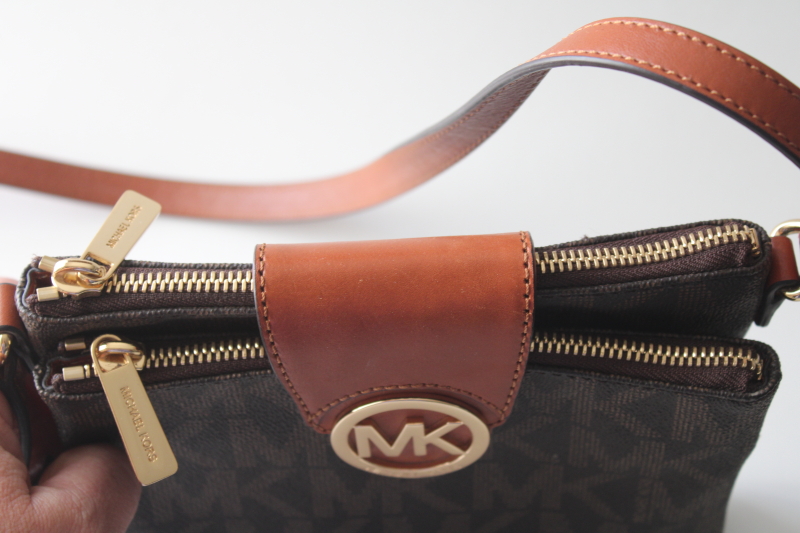 photo of never used Michael Kors large logo Fulton crossbody bag double zip purse signature brown #3