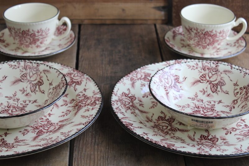 photo of never used set dishes for two Wood Sons Colonial Rose pink toile floral transferware #1