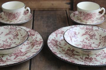 catalog photo of never used set dishes for two Wood Sons Colonial Rose pink toile floral transferware