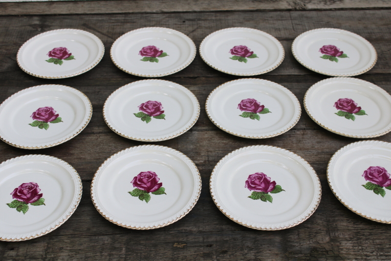 photo of never used set of 12 small plates vintage Harker china single rose w/ gold trimmed gadroon edge  #1