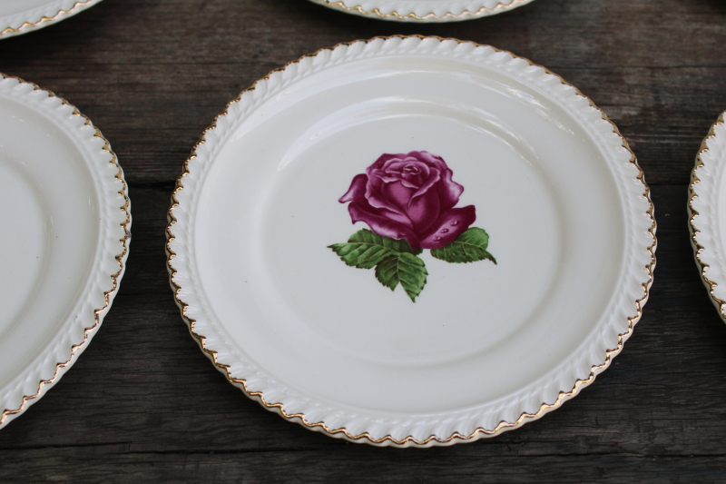 photo of never used set of 12 small plates vintage Harker china single rose w/ gold trimmed gadroon edge  #2