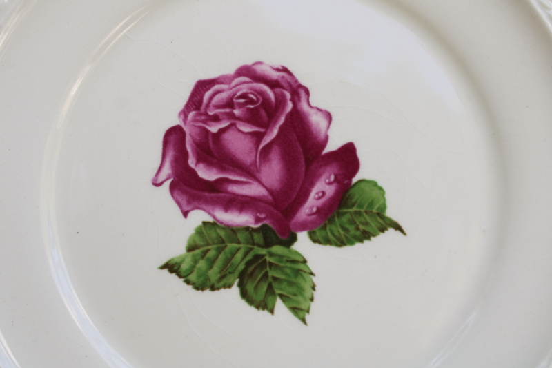 photo of never used set of 12 small plates vintage Harker china single rose w/ gold trimmed gadroon edge  #3