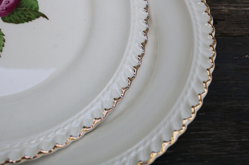photo of never used set of 12 small plates vintage Harker china single rose w/ gold trimmed gadroon edge  #4