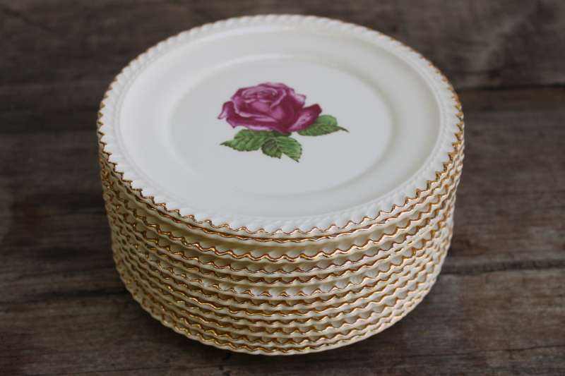 photo of never used set of 12 small plates vintage Harker china single rose w/ gold trimmed gadroon edge  #7