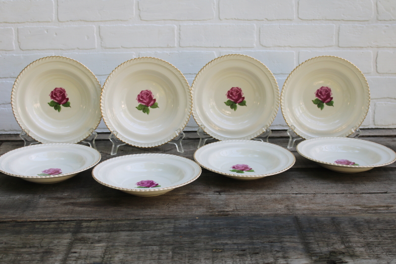 photo of never used set of 8 soup bowls vintage Harker china single rose w/ gold trimmed gadroon edge  #1
