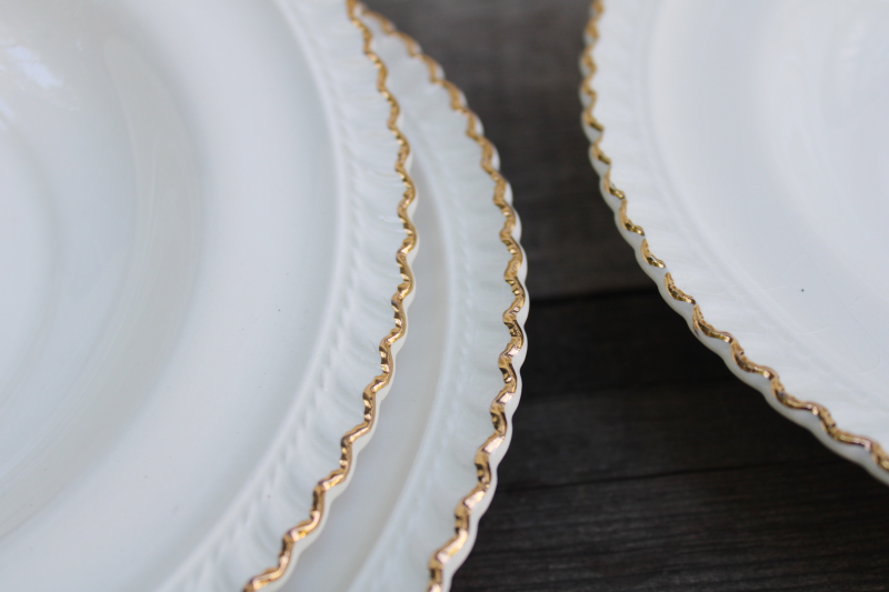 photo of never used set of 8 soup bowls vintage Harker china single rose w/ gold trimmed gadroon edge  #2