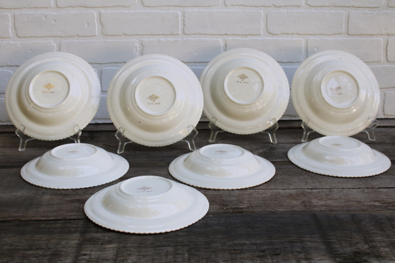 photo of never used set of 8 soup bowls vintage Harker china single rose w/ gold trimmed gadroon edge  #6
