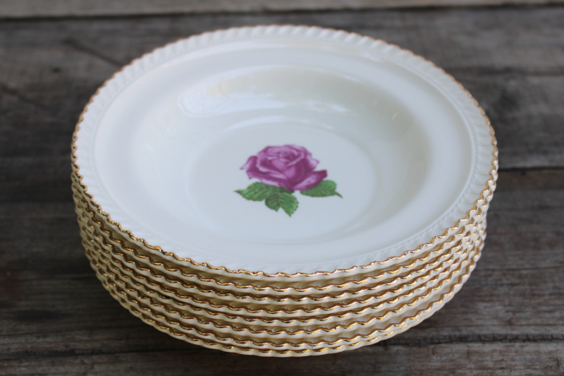 photo of never used set of 8 soup bowls vintage Harker china single rose w/ gold trimmed gadroon edge  #7