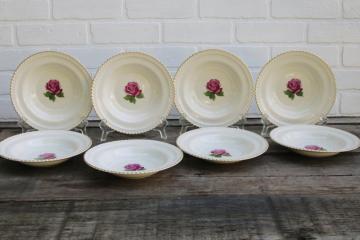 catalog photo of never used set of 8 soup bowls vintage Harker china single rose w/ gold trimmed gadroon edge 