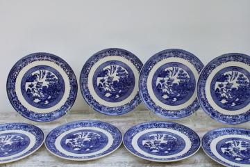 catalog photo of never used set of 8 vintage blue Willow pattern dinner or luncheon plates Royal china USA 