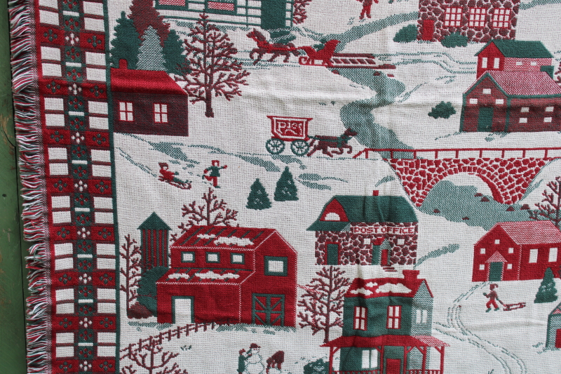 photo of never used vintage Christmas village scene blanket, Goodwin Weavers woven cotton tapestry blanket  #1