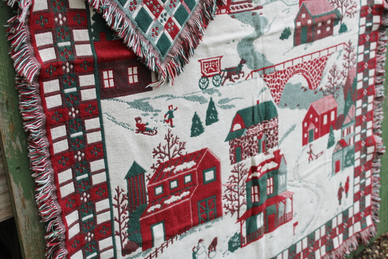 photo of never used vintage Christmas village scene blanket, Goodwin Weavers woven cotton tapestry blanket #2