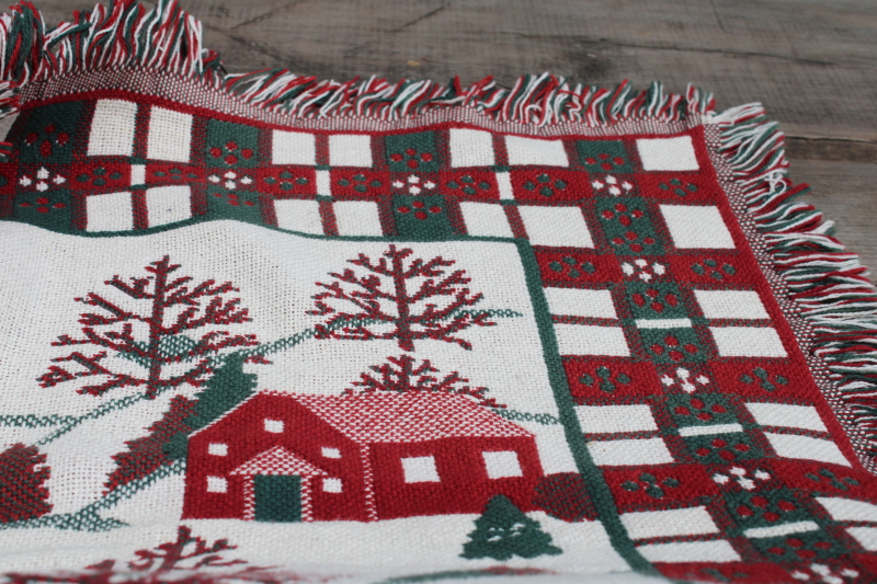 photo of never used vintage Christmas village scene blanket, Goodwin Weavers woven cotton tapestry blanket #3