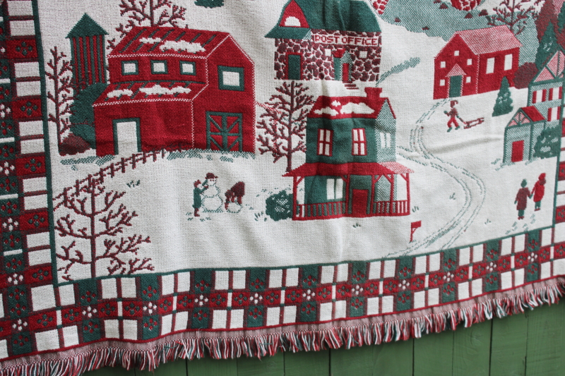 photo of never used vintage Christmas village scene blanket, Goodwin Weavers woven cotton tapestry blanket #4