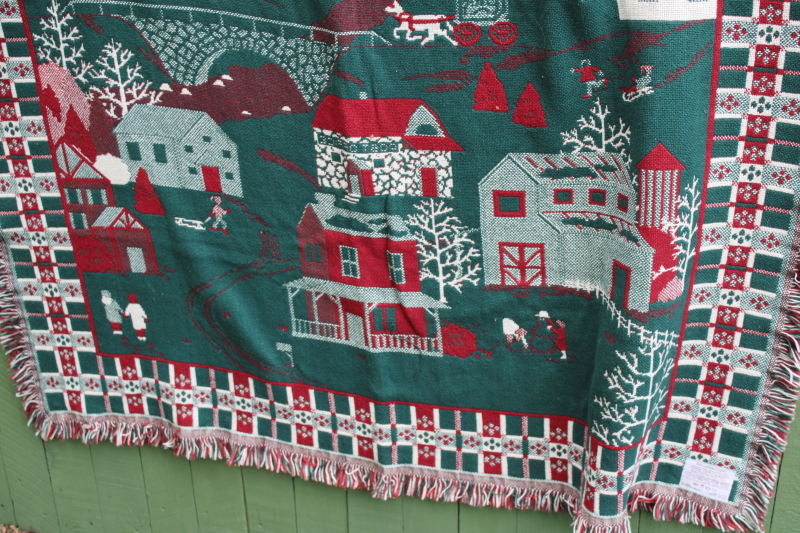 photo of never used vintage Christmas village scene blanket, Goodwin Weavers woven cotton tapestry blanket #6