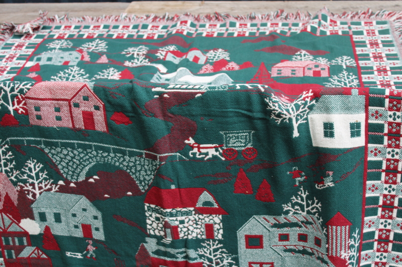 photo of never used vintage Christmas village scene blanket, Goodwin Weavers woven cotton tapestry blanket #7