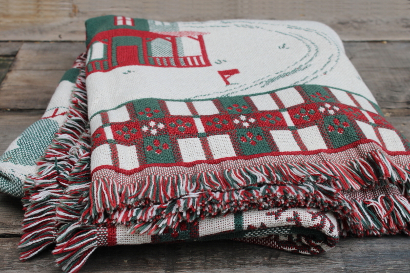 photo of never used vintage Christmas village scene blanket, Goodwin Weavers woven cotton tapestry blanket #8