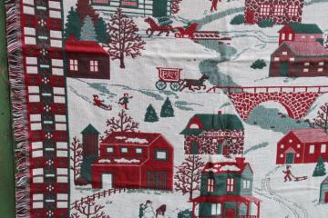 never used vintage Christmas village scene blanket, Goodwin Weavers woven cotton tapestry blanket 
