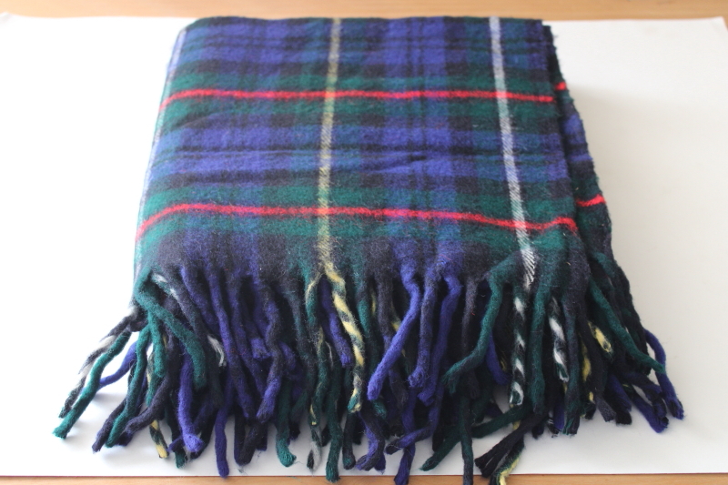 photo of never used vintage Troy blanket soft acrylic fringed throw, tartan plaid in deep blue  #1