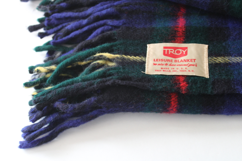 photo of never used vintage Troy blanket soft acrylic fringed throw, tartan plaid in deep blue  #3