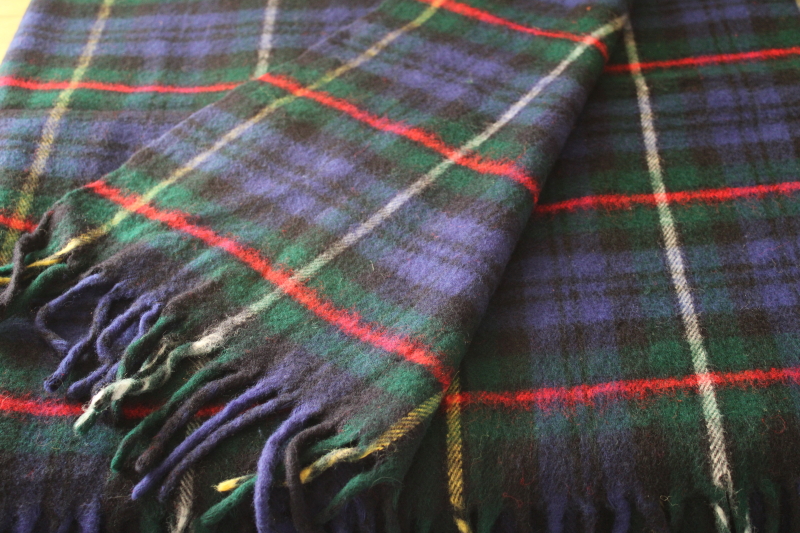 photo of never used vintage Troy blanket soft acrylic fringed throw, tartan plaid in deep blue  #5