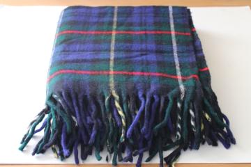 never used vintage Troy blanket soft acrylic fringed throw, tartan plaid in deep blue 