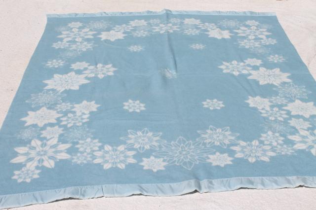 photo of never used vintage acrylic blanket, reversible blue & white flowers & snowflakes #1