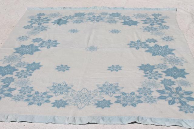 photo of never used vintage acrylic blanket, reversible blue & white flowers & snowflakes #5