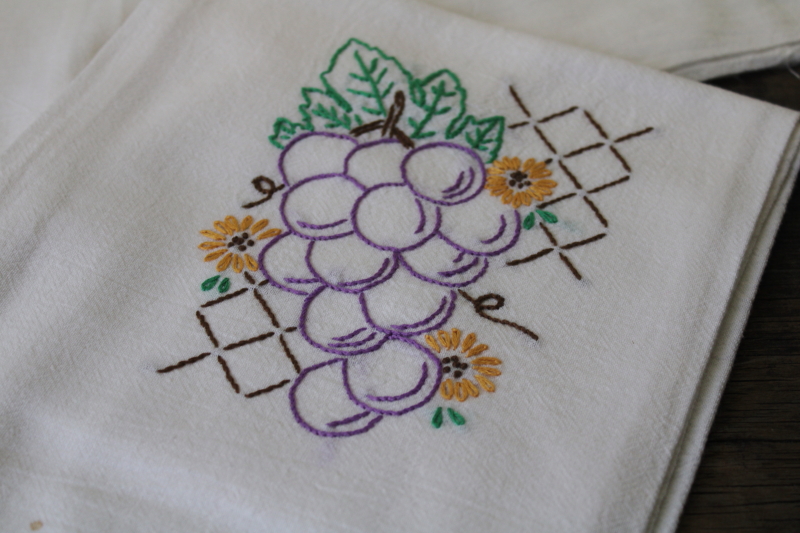 photo of never used vintage cotton flour sack towels fruit embroidery, kitchen towel set of 6 #2