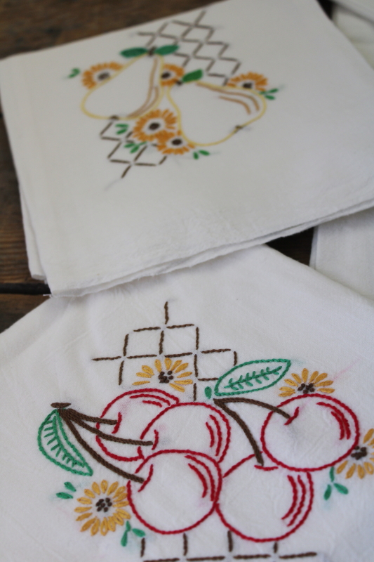 photo of never used vintage cotton flour sack towels fruit embroidery, kitchen towel set of 6 #4