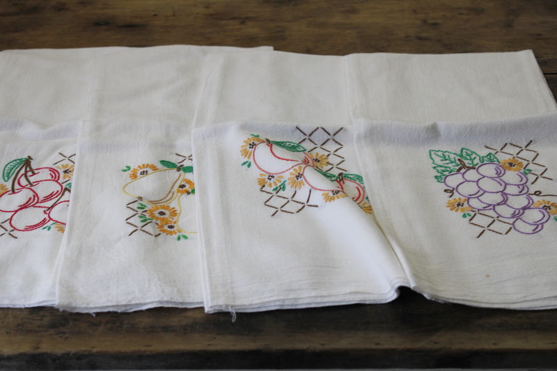 photo of never used vintage cotton flour sack towels fruit embroidery, kitchen towel set of 6 #5