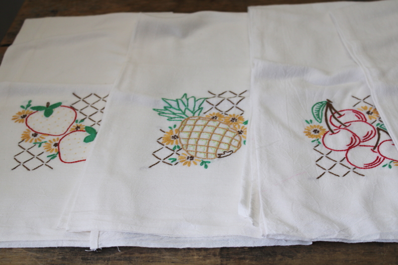 photo of never used vintage cotton flour sack towels fruit embroidery, kitchen towel set of 6 #6