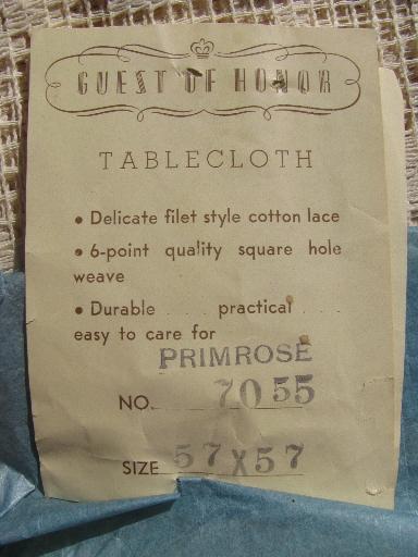 photo of never used vintage cotton lace tablecloth, Guest of Honor paper label #4