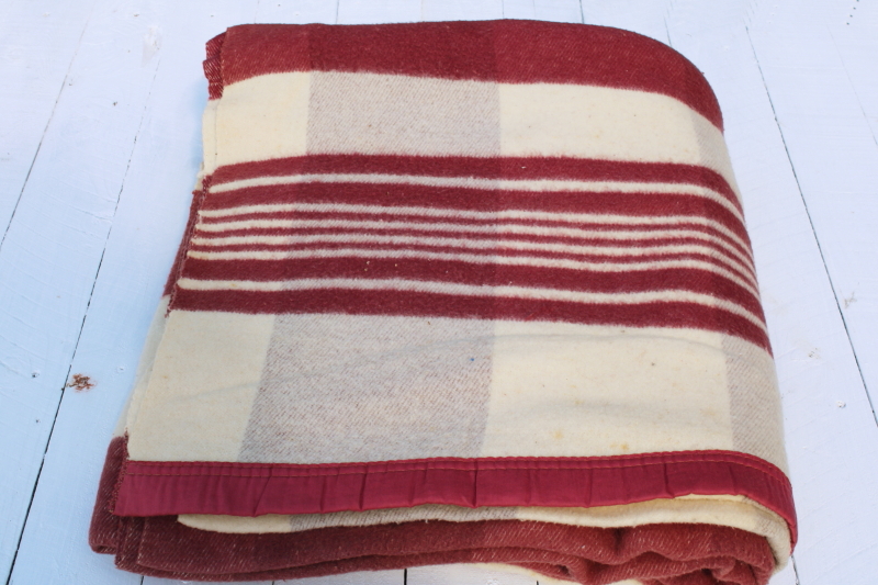 photo of never used vintage cotton rayon camp blanket double length blanket burgundy stripes  #1