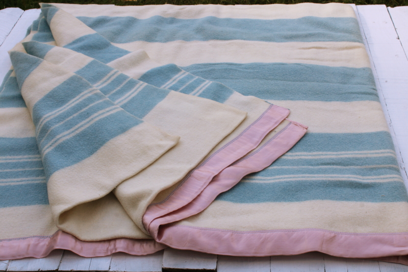 photo of never used vintage cotton rayon camp blanket double length blanket light blue stripes #5