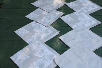 never used vintage cotton rayon damask napkins, bramble leaf pattern ivory damask table linens set 
