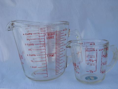 photo of never used vintage kitchen glass measuring cup & quart measure, original Pyrex labels #1