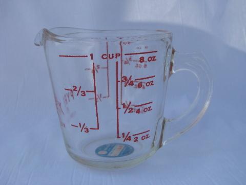 photo of never used vintage kitchen glass measuring cup & quart measure, original Pyrex labels #2