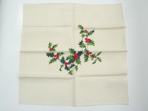 photo of never used vintage linen dinner napkins, red & green Christmas holly print #2