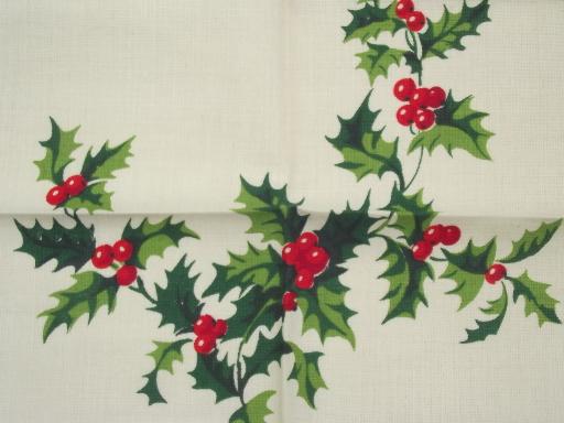 photo of never used vintage linen dinner napkins, red & green Christmas holly print #3