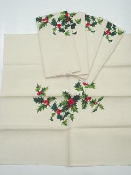 catalog photo of never used vintage linen dinner napkins, red & green Christmas holly print