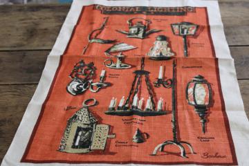 catalog photo of never used vintage linen tea towel Colonial Lighting antiques print wall art