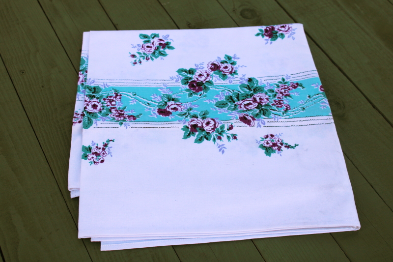 photo of never used vintage printed cotton tablecloth, pretty purple floral on aqua border  #1