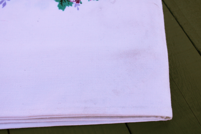 photo of never used vintage printed cotton tablecloth, pretty purple floral on aqua border #2