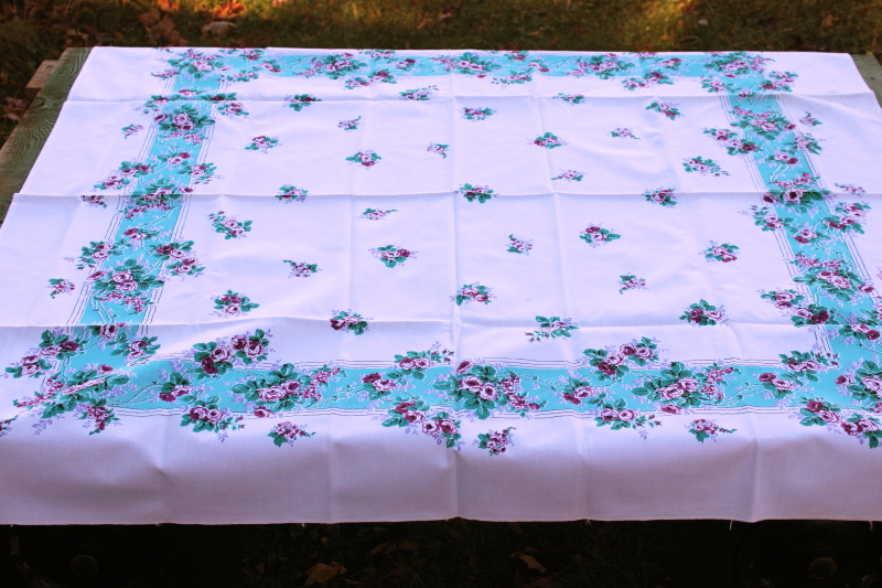photo of never used vintage printed cotton tablecloth, pretty purple floral on aqua border #3
