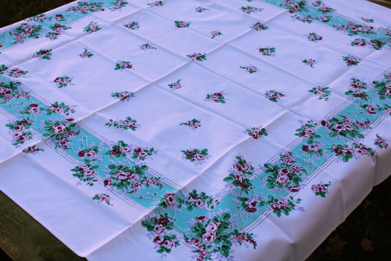 photo of never used vintage printed cotton tablecloth, pretty purple floral on aqua border #4