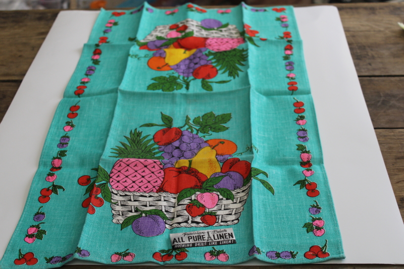 photo of never used vintage pure linen tea towel kitschy tropical fruit print on aqua #1