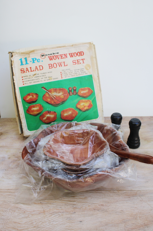 photo of never used vintage woven wood salad bowls set, weavewood style retro tableware #1