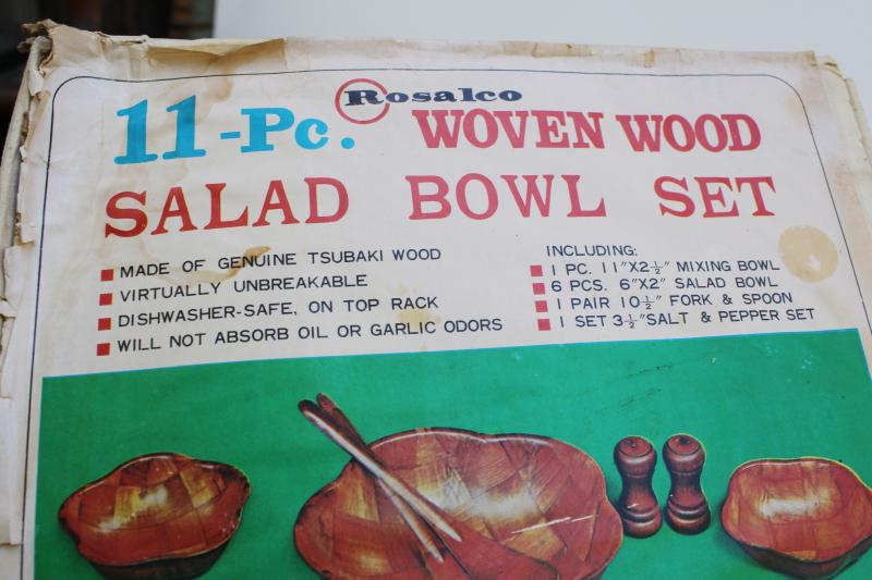 photo of never used vintage woven wood salad bowls set, weavewood style retro tableware #2