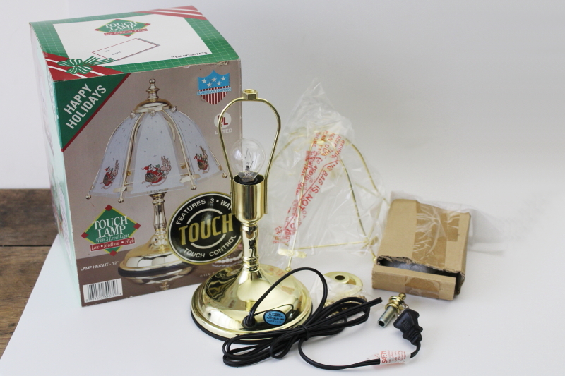 photo of new in box 1990s vintage touch lamp, Christmas Santa sleigh print glass shade  #1